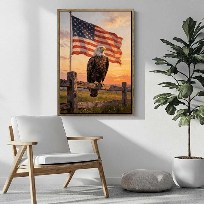 American Flag Framed Canvas Wall Art, 4th of July Patriotic Canvas Prints | USA Flag with Bald Eagle Poster Print, Vintage Independence Day Wall Decor for Bedroom Living Room 16×20in