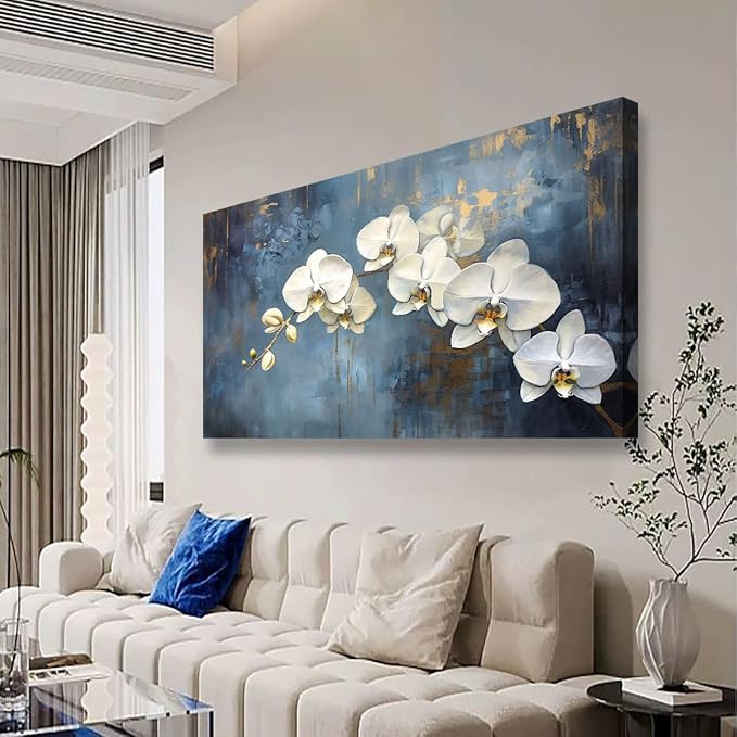 Abstract White Butterfly Orchid Canvas Wall Art for Living room Office Bedroom Flowers Wall Art Print Oil Paintings Modern Blue Gold Rain Mist Pictures Wall Decor Artwork Ready to Hang - 48in * 24inch