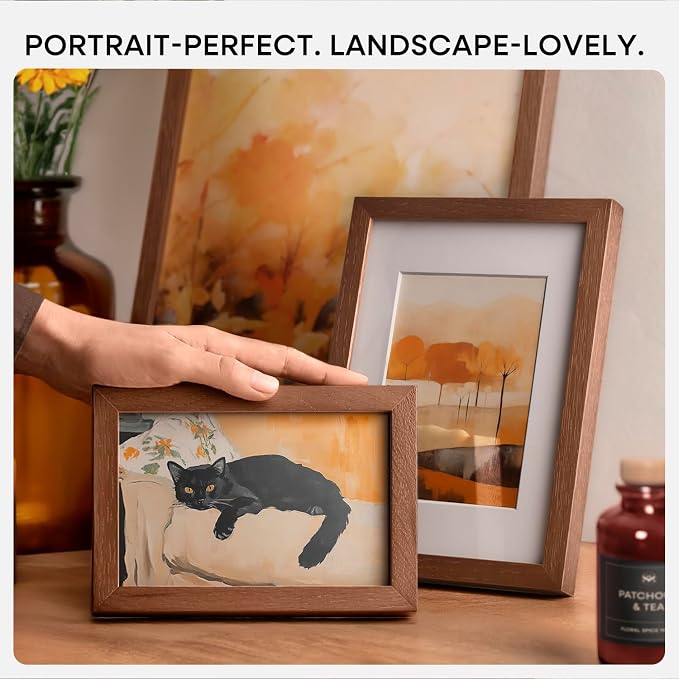 Homeforia 8x8 Brown Oak Picture Frame, High-End Wood, 6x6 Mat, Glass