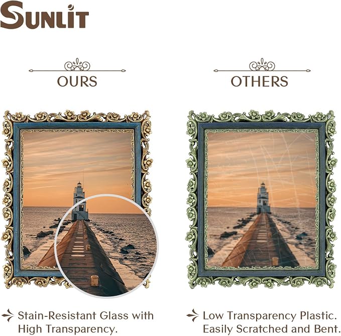 Sunlit Vintage Picture Frame 8x10 Inch, Luxury Antique Photo Frames with Glass Front, Photo Display, Tabletop Wall Hanging, Gift Ideas, Gold and Blue