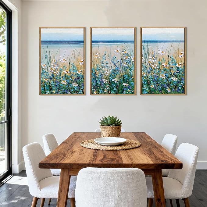 Extra Large Blue Floral Wall Art Framed Artwork for Living Room Bedroom Bathroom Blue Flowers Bloom Painting by The Seaside 24x36 Inches Set of 3