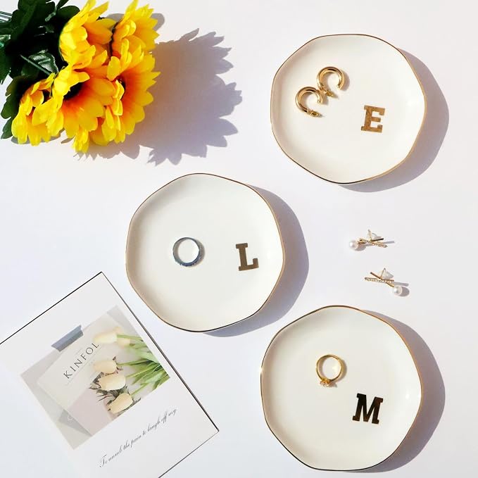 Ceramic Jewelry Tray Initial Ring Dish Personalized K-Monogrammed Engagement Wedding Gifts,Decorative Jewelry Holder for Birthday Mother's Day Christmas for Women, Ceramic White 4.5" (K)