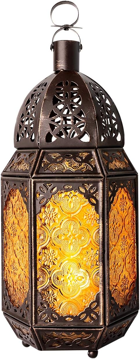 Lewondr Ramadan Lantern Decorations, Glass Moroccan Bookshelf Lantern, Gold | 12 Inch, Portable Candle Holder, Hanging or Tabletop, Metal Hollow-Out Design, Vintage Decorative, for Home Porch Patio Decor