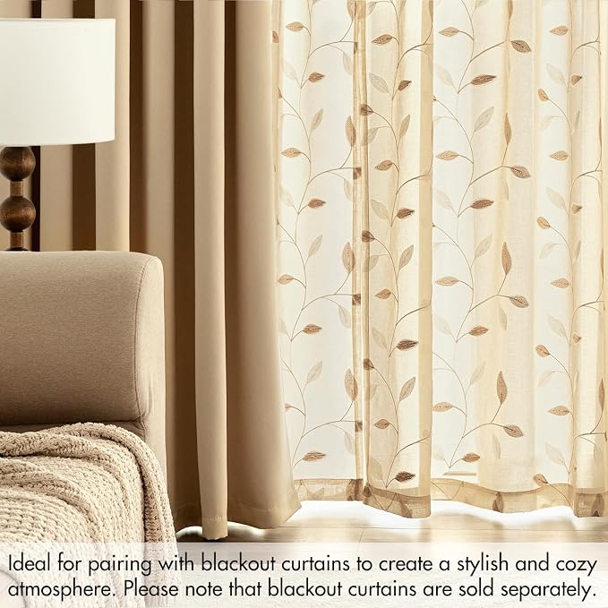 MIULEE Khaki Sheer Curtains 2 Panels Embroidered Leaf Patterned, W52 x L84 | Embroidered Floral Semi Sheer,Rod Pocket,Faux Linen,Short Window Curtains Drapes Set for Kitchen/Bathroom/Cafe