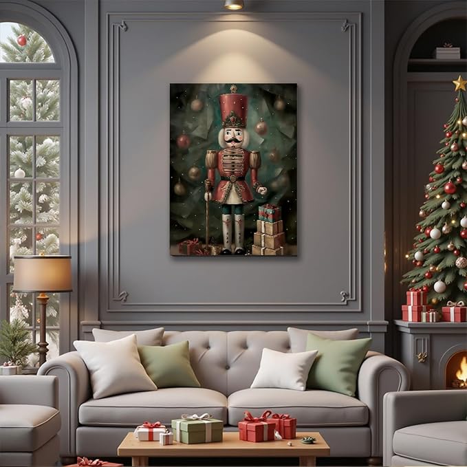 Vintage Christmas Wall Art Canvas – Rustic Christmas Decor for Living Room & Bedroom – Framed Christmas Prints & Pictures for Home Decor