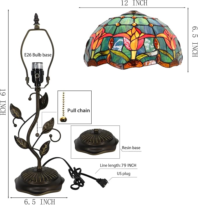 Tiffany Table Lamp Stained Glass Bedside Reading Light W12H19 inch