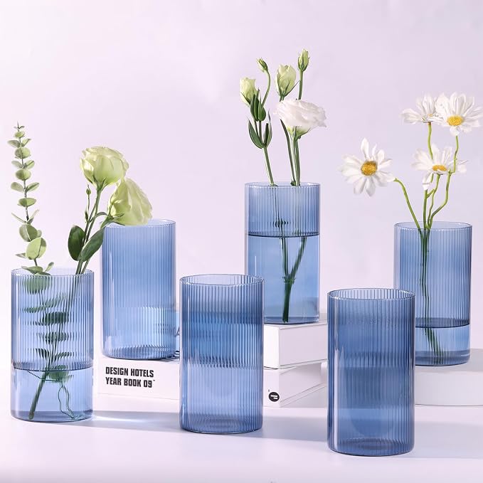 Glass Cylinder Vase 6 Inch Tall- Blue Ribbed Decor for Wedding Centerpieces | Decorative Flower Vase, Hurricane Floating Candle Holder, Christmas Decor, Reception Table, Home Accent, Housewarming Gift