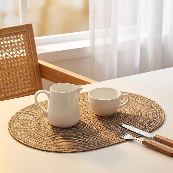 Placemats Set of 6, Woven Oval Braided Dining Table Mats(Brown) | 12 x 17.5 Inch Size Fits Plates and Flatware; Hand Washable and Heat Resistant for Kitchen Use, with Farmhouse and Boho Style