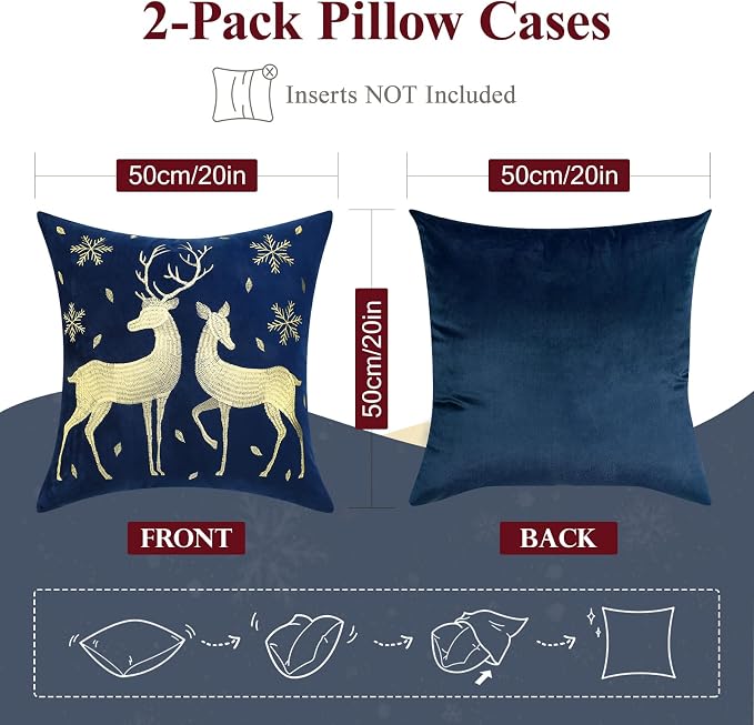 Lewondr Christmas Throw Pillow Cover, Gold Deer Snowflake, 20"x20", 2 Pack | Navy Blue, Soft Velvet, Embroidery Decorative, Luxurious Sofa Cushion Cover, Home Christmas Decoration