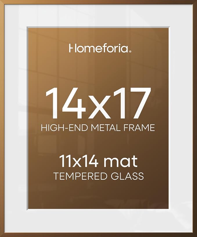Homeforia 14x17 Bronze Picture Frame, High-End Metal, 11x14 Mat, Glass