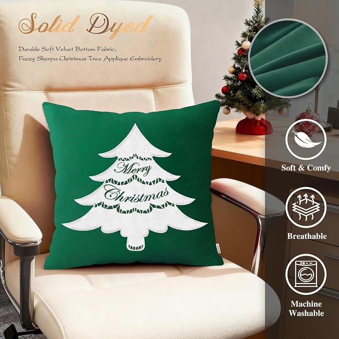 BRAWARM Christmas Pillow Cover 20 X 20 Inches, Christmas Green Christmas Tree Embroidered Pillow Cover, Soft Velvet Decorative Throw Pillow for Couch Bed Sofa Living Room Home