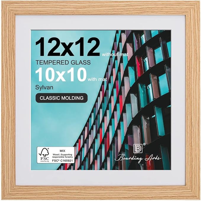 12x12 Picture Frame Natural,10x10 Mat,Tempering Glass,Engineered Wood
