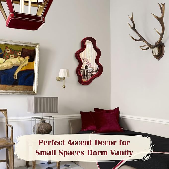 Small Wall Mirror Decor for Hallway Home Office Fireplace,Wine Red | 16x10",Soft Flocking Touch,Cute Wavy Decorative Hanging Mirror for Nursery Room Apartment Living Room Modern Home Decoration