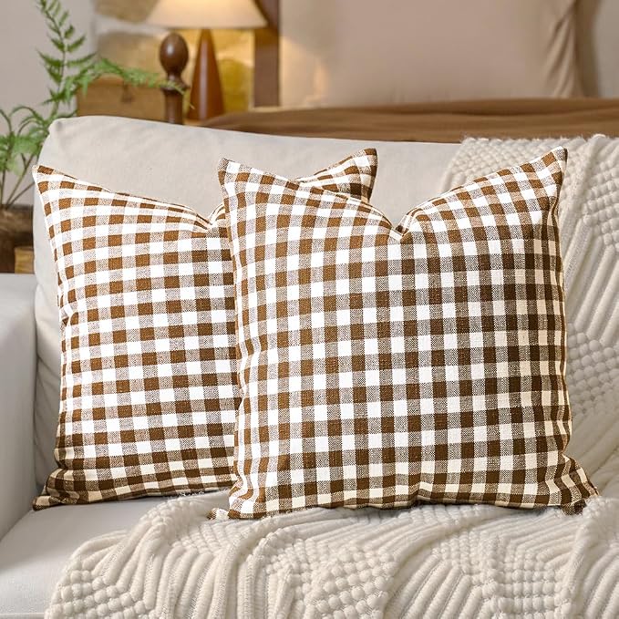 Brown Gingham Plaid Throw Pillow Covers 16x16 Inch Set of 2