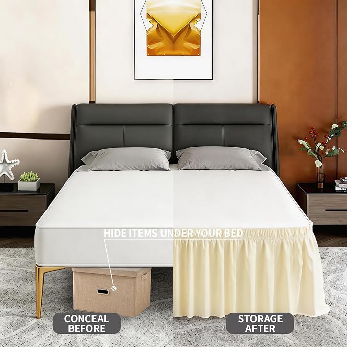 ANARACHON Full Bed Skirt, Elastic Wrap Around Bed Skirt Full Size, Bed Skirts for Adjustable Bed, Easy Fit with 18" Drop Length Tailored Drop Dust Ruffle (Light Yellow)