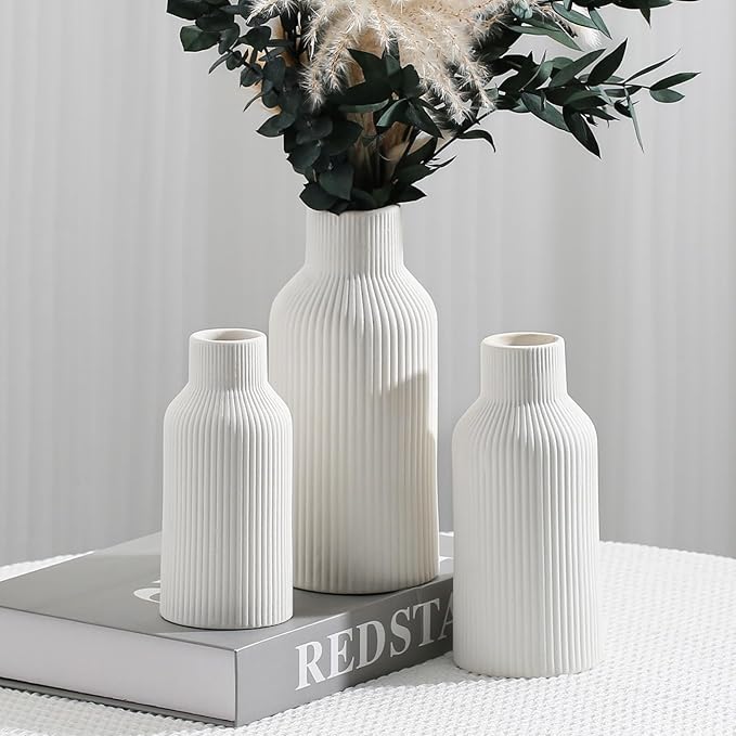 Bohemian White Ceramic Vase - for Pampas Grass, Mantel, Bookshelf, Entryway and Living Room Decor (White, Set of 3)