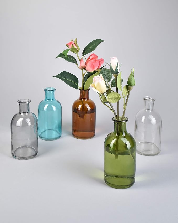 Bud Vases, Apothecary Jars, Decorative Glass Bottles, Centerpiece for Wedding Reception, Elegant Antique Decoration, Mini Flower Vases, Small Medicine Bottles for Home Decor (Smoke Gray, Set of 6)