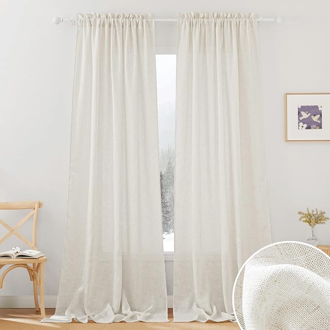 RYB HOME Natural Linen Blend Curtains - Semi Sheer Privacy Window Drapes, Soft Breathable Vintage Light Filtering Sheer Curtains 108 Inches Long for Sliding Door Bedroom, W 52 x L 108, 2 Pcs, Linen | Semi Sheer Privacy, Soft Breathable, Vintage, Light ...