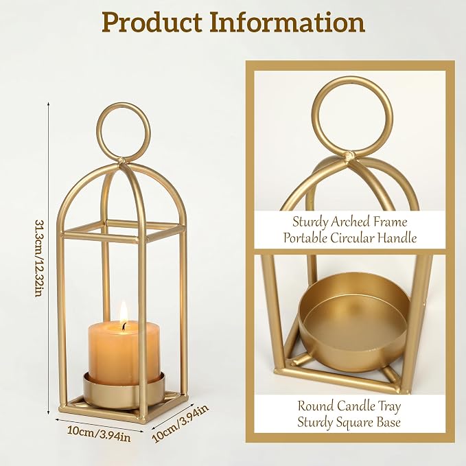 12.3" Outdoor Decorative Lanterns, Metal Candle Lanterns, Farmhouse Lantern Decor, Antique Gold Iron Lantern Candle Holders for Fireplace Mantel, Table Centerpiece,Home Decor