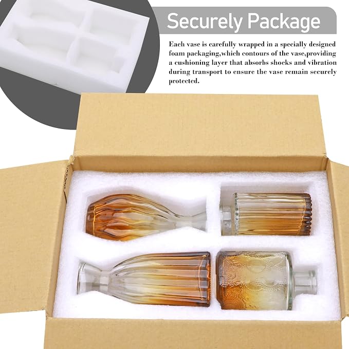 Glass Bud Vases Set of 4, Small Brown Flower Vases for Wedding Centerpieces | Clear Vintage Embossed Mini Vases for Table Decorations, Flower Arrangements in Vases for Party or Home Decor