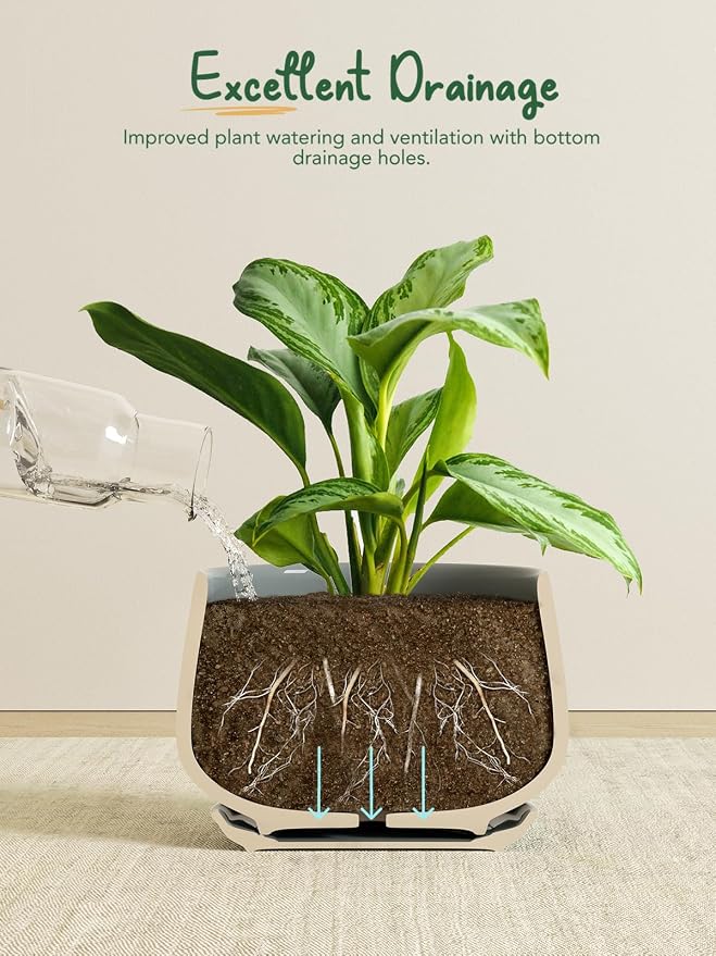 LE TAUCI Plant Pots for Indoor Plants, 4.1+5.1+6.5 inch, Set of 3, Ceramic Planters with Drainage Hole and Saucer, Indoor Flower Pot with Hole Mesh Pad, Gifts for Mom, Reactive Glaze Blue Gray