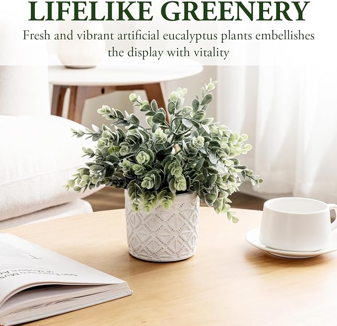 MyGift Artificial Eucalyptus Plant Gray Concrete Pot Geometric Pattern