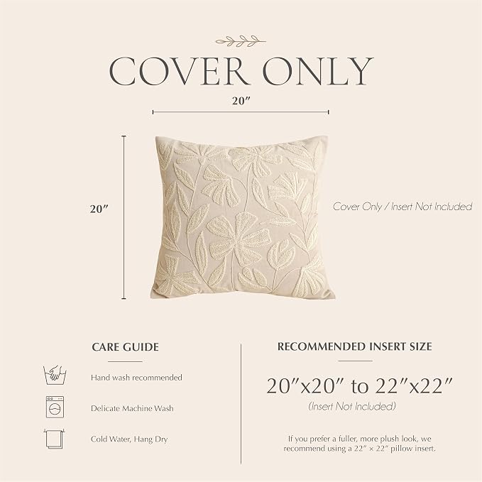 BlissBlush Decorative Throw Pillow Cover 20x20, Beige Neutral Velvet Accent Cushion Cover for Couch Sofa Living Room, Floral Tufted Square Pillowcase (Cover Only)