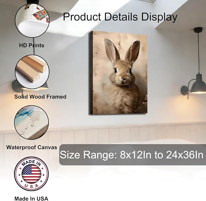 RIBNTAK Brown European Rabbit Portrait Canvas Art 16x24, Vintage Gallery Wrapped Canvas Wall Art, Easter Bunny Prints for Bedroom, Kitchen Rabbit Decor & Home Wall Decoration
