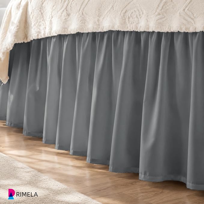 Grey Bed Skirt Queen Size 15 Inch Drop, Elastic Wrap Around Bedskirt | Solid Ruffled, Easy to Use, No Mattress Lifting, Wrinkle & Fade Resistant, with Adhesive Strips, Machine Wash/Dry/Iron