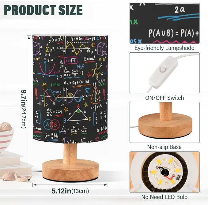 ALAZA Math Mathematics Black Decor Bedside Table Lamp with USB Port for Bedroom Nightstand Office Desk LED Bulb Included