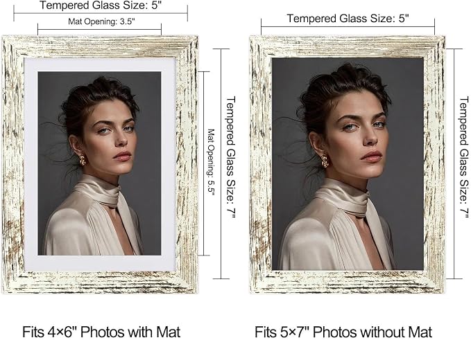 5x7 Picture Frame-Vintage White,4x6 Mat,Tempered Glass,Engineered Wood