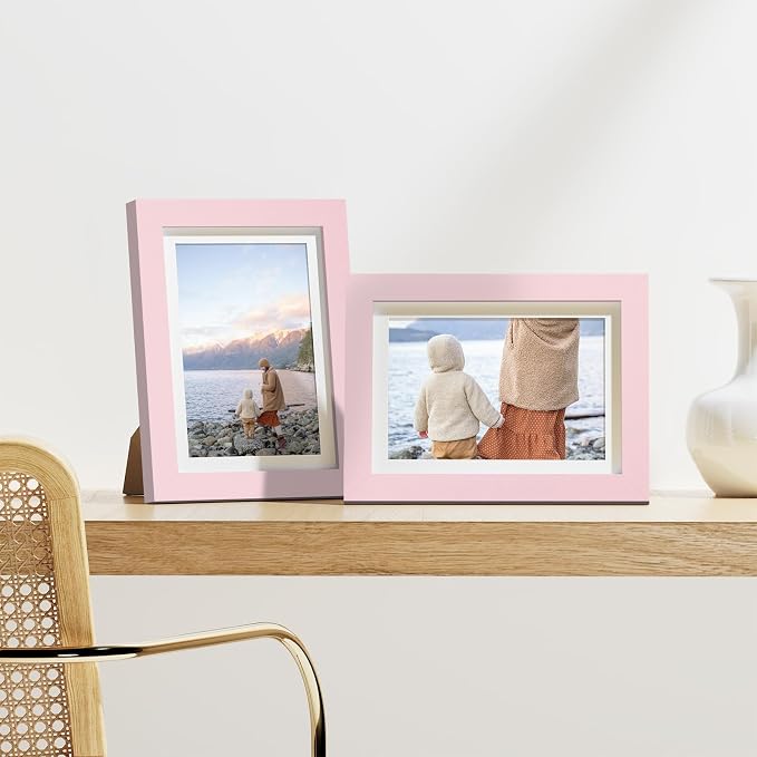 Vittanly 5x7 Picture Frames Set of 9 for Wall or Tabletop Display, Pink | Display Pictures 4x6 with Mat or 5x7 without Mat, Small Photo Frames, Engineered Wood with Shatter Resistant Plexiglass
