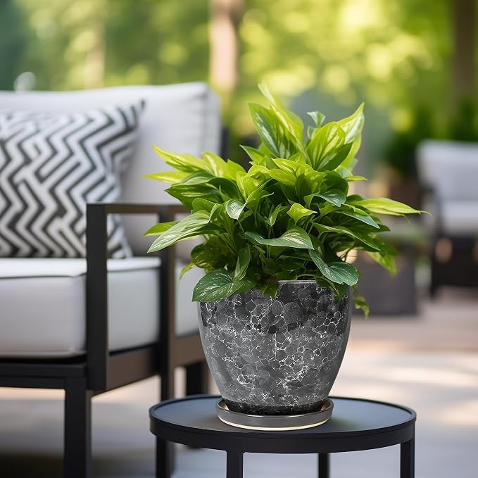 Ceraimc Planter - 8 Inch Plant Pot for Indoor Outdoor Plants, Decorative Round Planters, Flower Pot with Drainage and Saucer, Garden Porch House Room Decor, Plant Lover Gifts, Grey