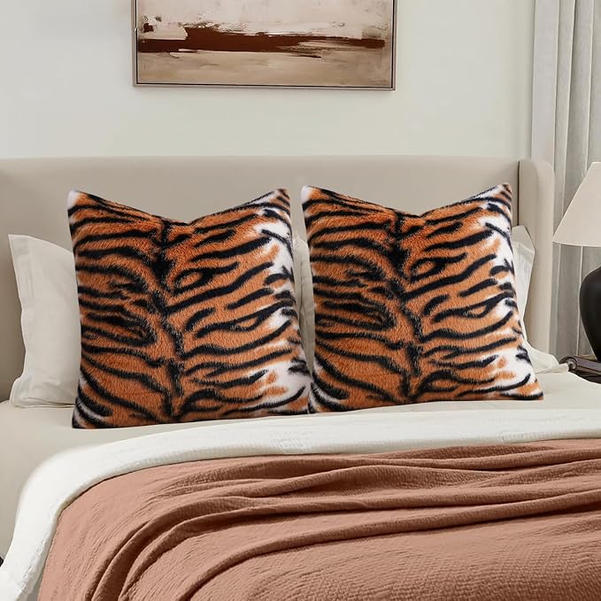 cygnus Faux Fur Tiger Pillow Covers 20x20 inch | Fluffy Fuzzy Decorative Square Faux Fur Throw Pillow Covers for Couch Sofa Living Room Bedroom