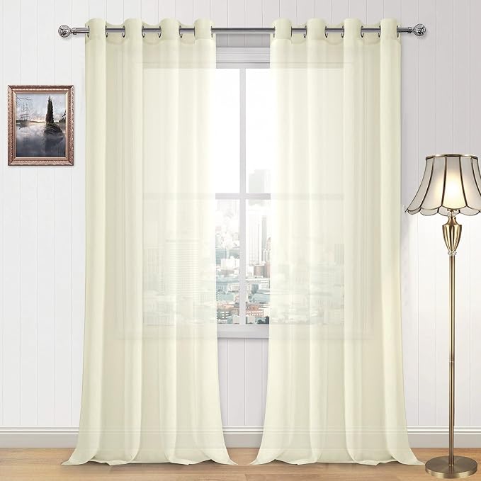 DWCN Ivory Sheer Curtains Linen Look Semi Transparent Voile Grommet Curtains for Living Dining Room Drapes 52 x 108 Inch Long, Set of 2 Panels
