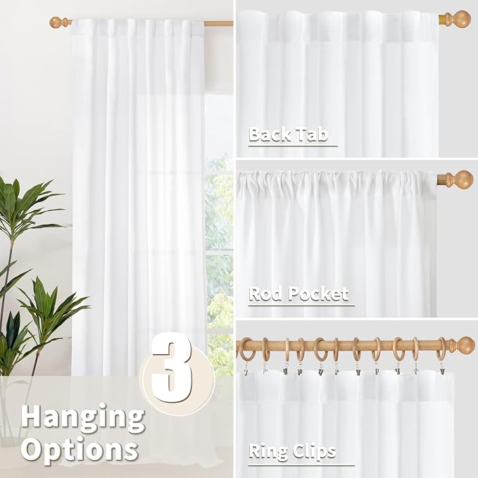 YoungsTex White Linen Curtains 63 Inch Length 60 Inch Wide, Semi Sheer Light Filtering Window Drapes Extra Wide with Back Tab Rod Pocket for Living Room Bedroom Rustic Country, 2 Panels