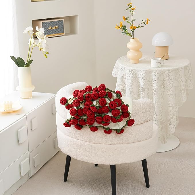 Longhui bedding Crochet Flower Bouquet Throw Blanket, Handmade Knitted Blanket with Red Rose Cute Romantic Gift for Her Girlfriend Mom Mother’s Day Valentine Wedding Anniversary Birthday, 60 Inches