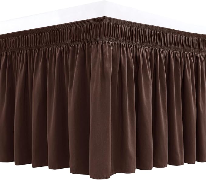 Wrap Around Bed Skirt Full Size 25" Drop-Elastic Long Dust Ruffle Brown | Adjustable Pleated Bedskirt-Easy Fit Wrinkle Resistant Washable Bed Skirting-Hotel Studio Apartment Home Guest Bedroom Rental