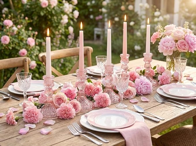 Glass Candle Holder Set of 12, Pink Taper Candle Holders Bulk | Vintage Candlestick Holders, Candle Stick Holder for Table Centerpieces, Wedding & Mother's Day