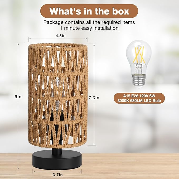 Fenmzee Table Lamps (Rattan Rope Shade - Black Base, 9" Inline Control)