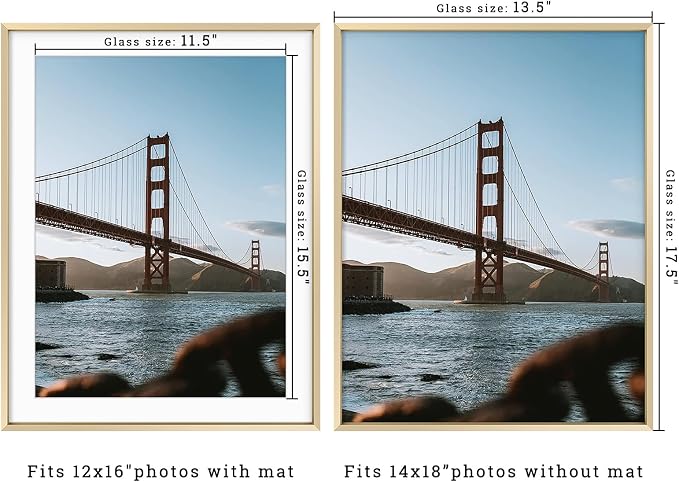Frametory 14x18 Gold Aluminum Metal Picture Frame Mat for 12x16 Glass