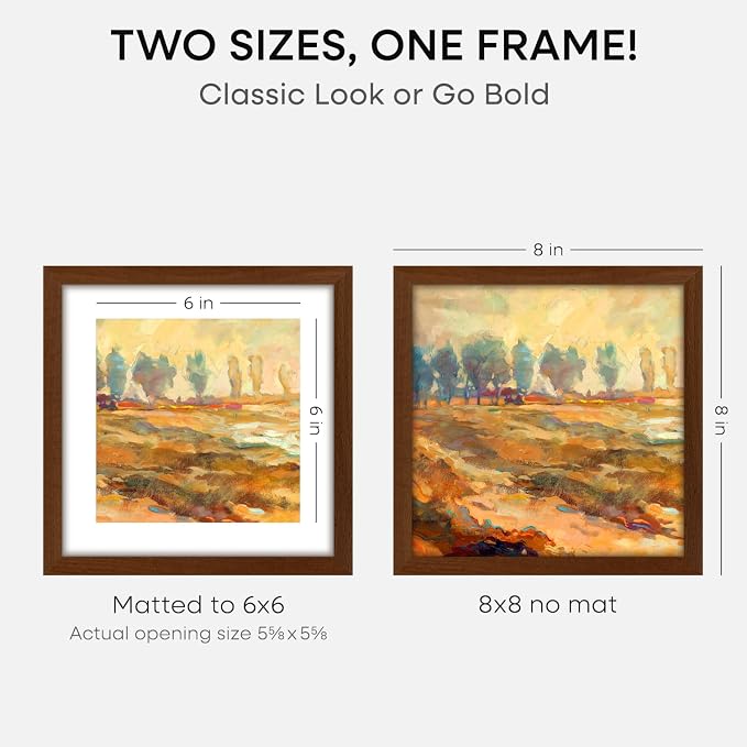 Homeforia 8x8 Brown Oak Picture Frame, High-End Wood, 6x6 Mat, Glass