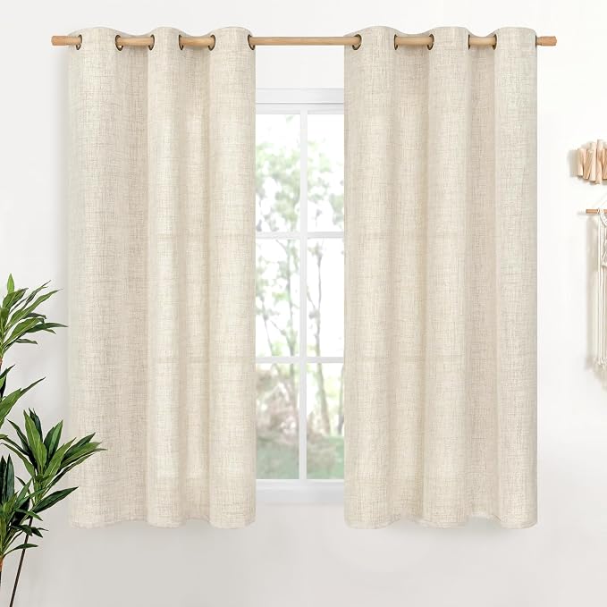 YoungsTex Linen Boho Curtains 54 Inches Length for Living Room Window, Short Semi Sheer Drapes with Bronze Grommet Light Filtering Privacy for Bathroom Bedroom, 42 x 54 Inch, 2 Panels