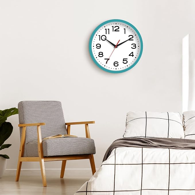 Roymnie 8 Inch Small Wall Clock, Battery Operated Silent Non Ticking Blue | analog wall clock; bold numerals for easy reading; silent non-ticking; 1 AA battery (not included); for classroom