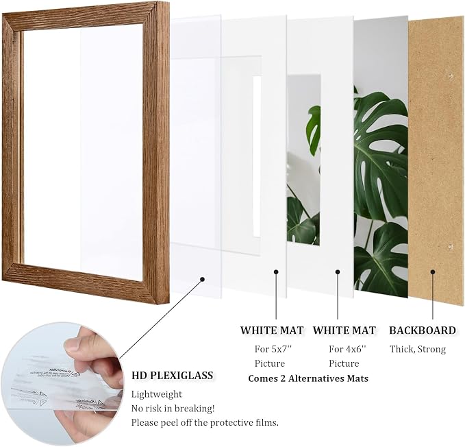 Egofine 8x10 Picture Frames Set of 4, Made of Solid Wood Covered by Plexiglass 4x6 and 5x7 with Mat or 8x10 without Mat, for Table Top Display and Wall Mounting Photo Frame,Walnut Brown