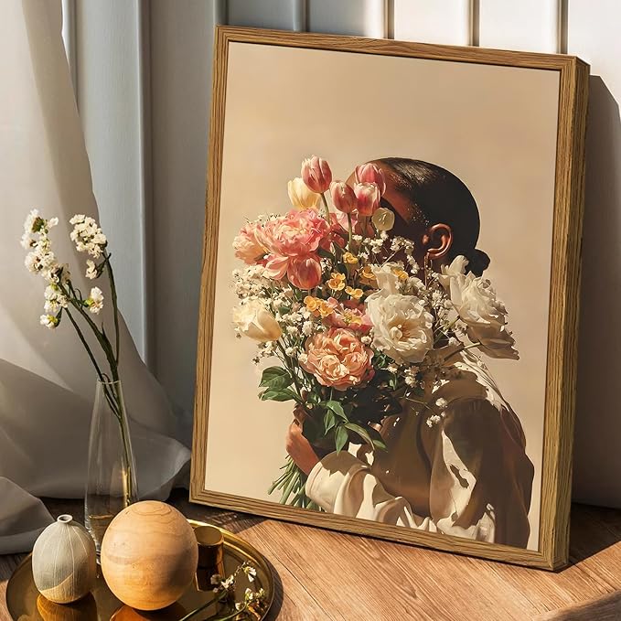 Framed Black Girl Floral Wall Art, Moody African American Holding Flower Pictures Wall Decor, Trendy Romantic Black Woman Paintings Canvas Prints Aesthetic for Living Room Bedroom 16x24 inch