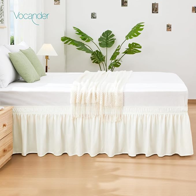 Vocander Cream Queen Bed Skirt 16 Inch Drop, Elastic Wrap Dust Ruffle | Hides Underbed Storage, No Mattress Lifting, Elastic Stays Put, Soft Fabric, Machine Washable, Polished Look