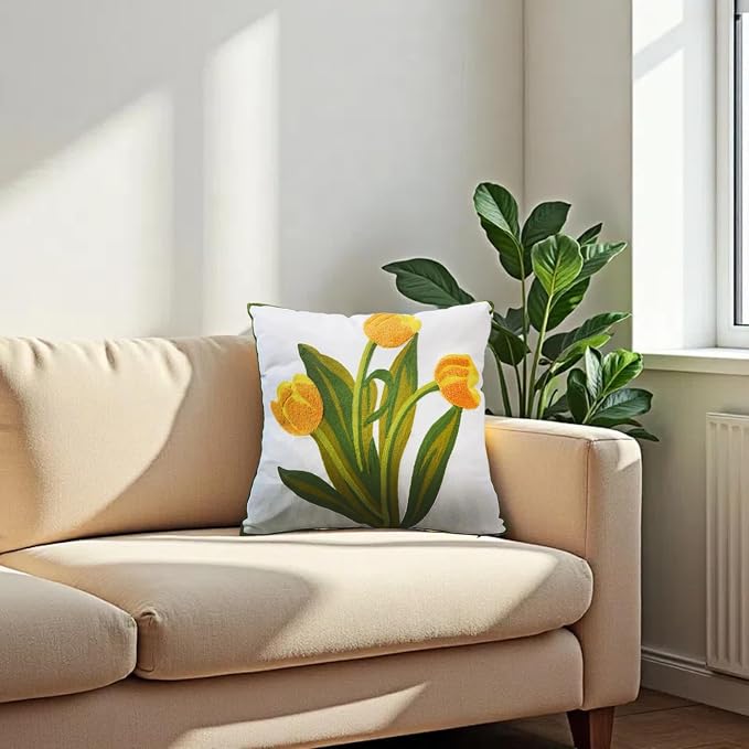 Embroidery Throw Pillow Cover 18x18 Home Decor Floor Pillow Cover for Couch Sofa Chair Gift 100% Cotton Floral Embroidered Cushion Cover Square Pillowcase 45x45cm Yellow Tulip, 1 Piece