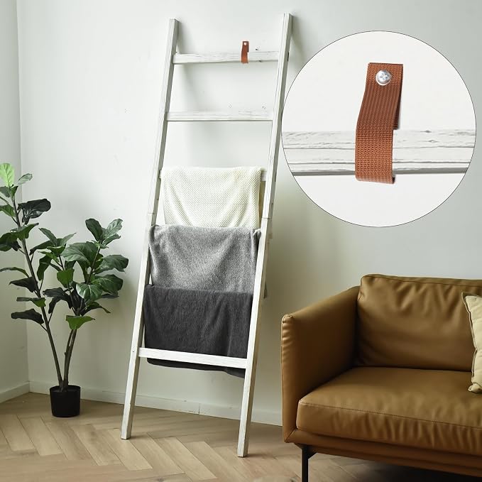 FUIN Blanket Ladder, 24in Wide Rustic Solid Wood Decor Rack, White | 6.4 ft high and 6 rungs, farmhouse quilt display holder, organize towel and scarf, leaning wall, bathroom and living room use
