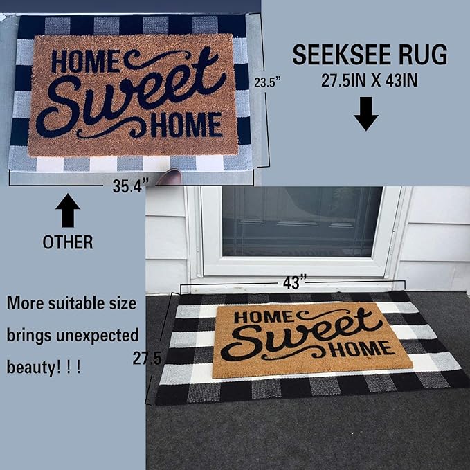 SEEKSEE Buffalo Plaid Outdoor Rug 27.5x43 Black and White Front Door Mat, Layering Rug for Porch, Washable Doormat, Cotton Area Rug for Outdoor Entrance Entryway Patio Porch Decor